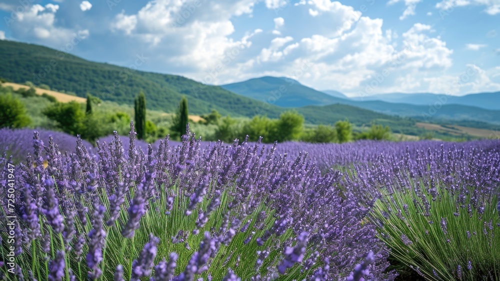 Panoramic view of blooming lavender fields and rolling hills.