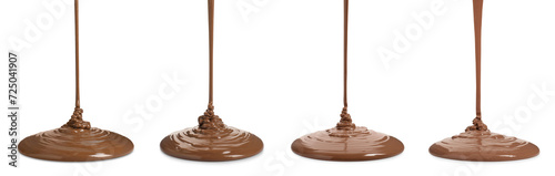 Pouring tasty melted chocolate on white background, set