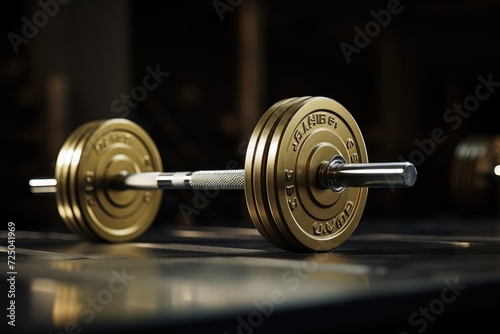A close-up shot of a barbell placed on a table. This image can be used to depict fitness, weightlifting, or exercise equipment.