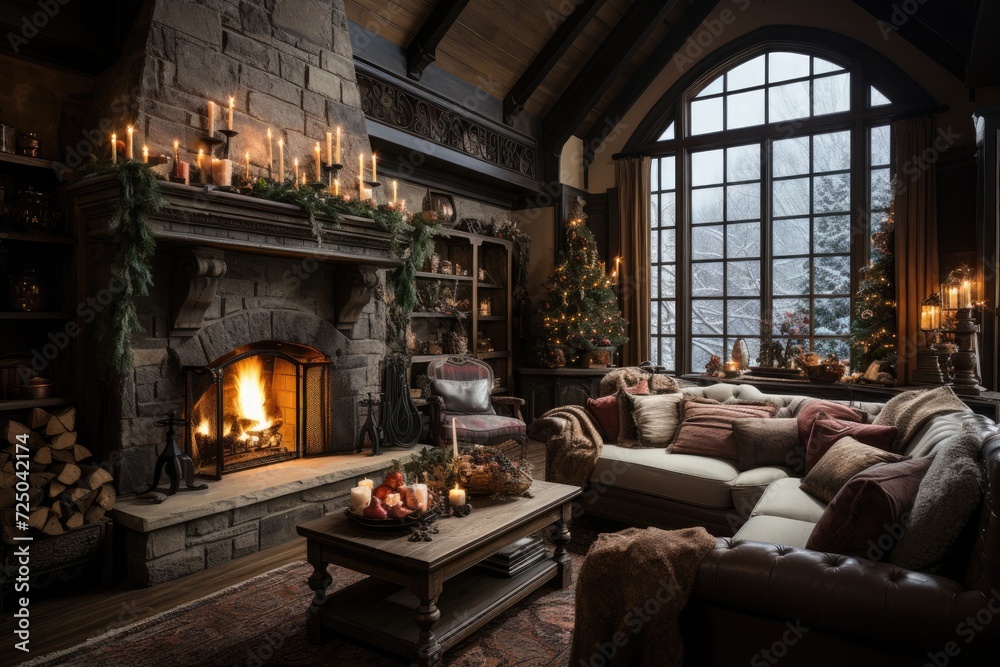 A warm and inviting living room adorned with festive holiday decorations and a crackling fireplace A warm and inviting living room adorned with festive holiday decorations and a crackling fireplace