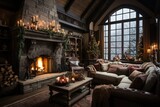 A warm and inviting living room adorned with festive holiday decorations and a crackling fireplace