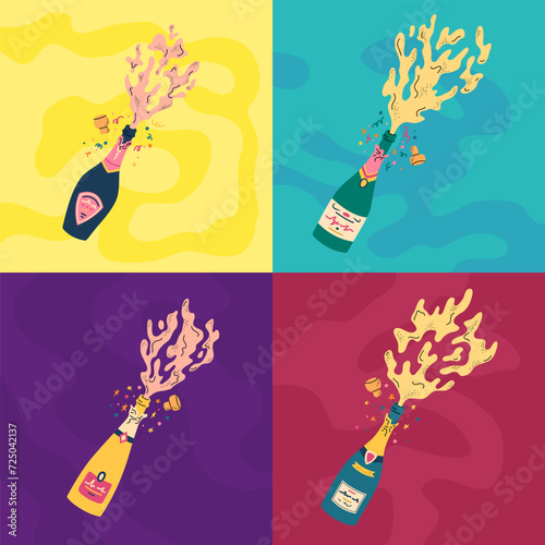 Vector opened champagne bottles with splashes of different form and color. Rose and white sparkling wine bursting out of the bottle with cork, stars and confetti for celebration. Holiday illustration