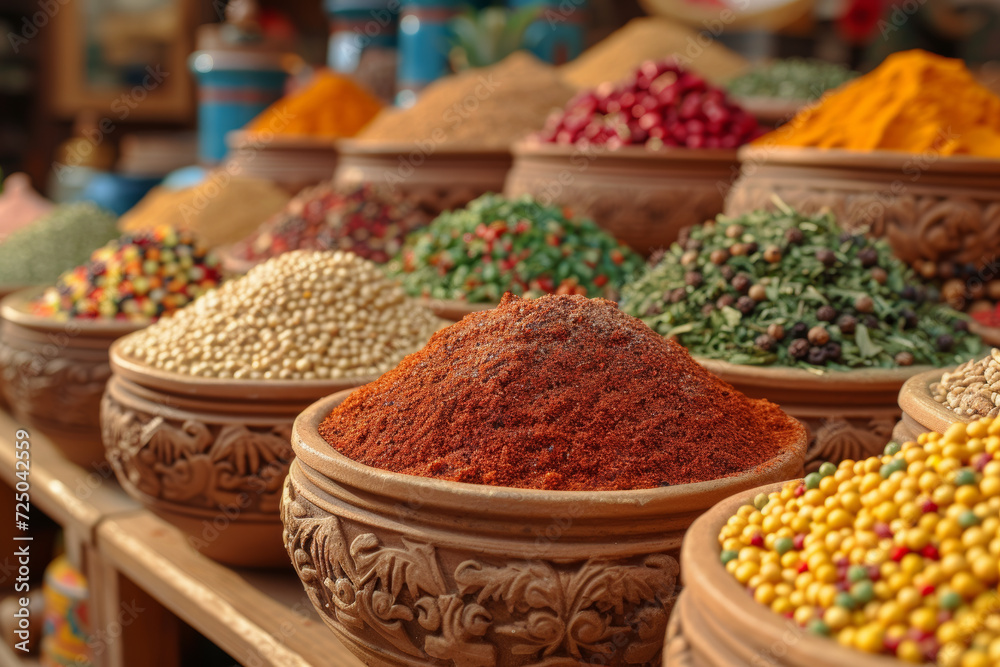 A bustling food market with stalls offering a variety of colorful spices, herbs, and ingredients, creating a sensory explosion of flavors. Concept of diverse culinary delights. Generative Ai.
