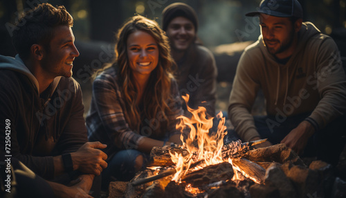 Group of young adults sitting around campfire  smiling generated by AI