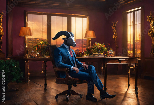 Horned goat of the company. Anthropomorphic goat director is sitting at the table in the boss's office. Allegory, metaphor. photo