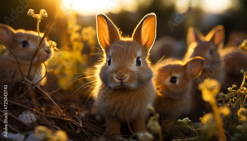 Fluffy baby rabbits playing in the grass generated by AI © Jemastock