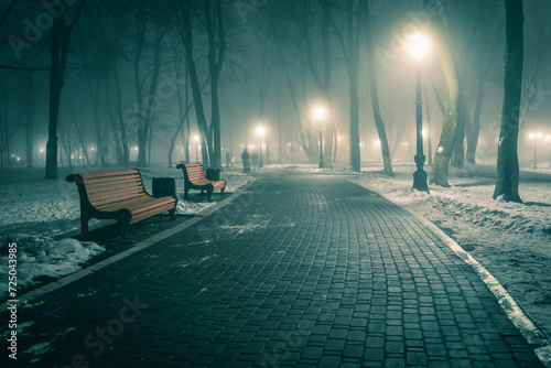 The alley of a night winter park in a fog. Footpath in a fabulous winter city park at night in fog with benches and latterns. Beautiful foggy evening in the Mariinsky Park. Kyiv  Ukraine.