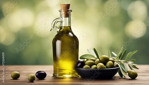 a bottle of olive oil and olives 