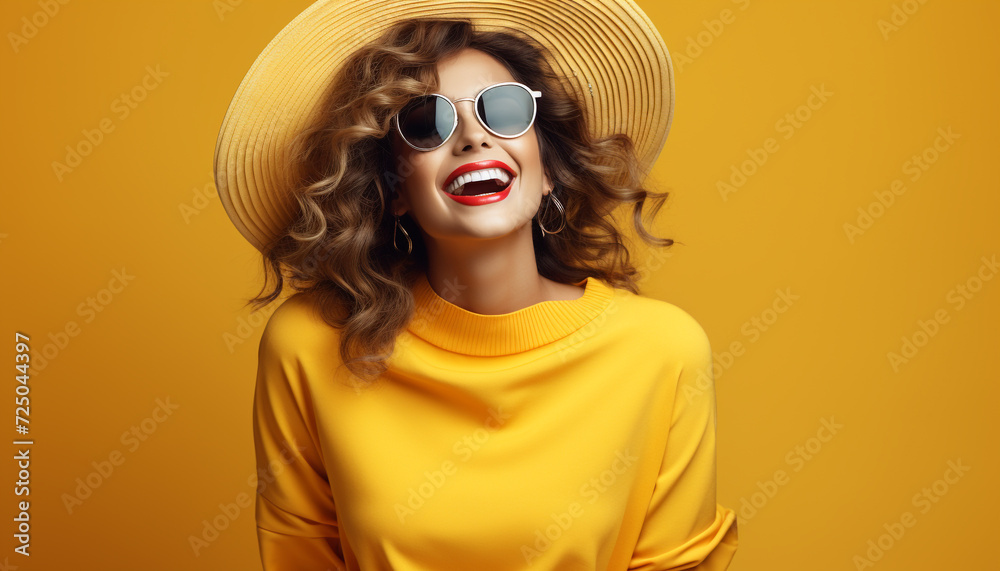 A young woman in sunglasses exudes elegance and happiness generated by AI