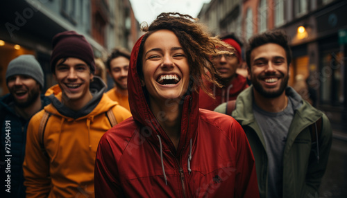 A group of smiling young adults enjoying outdoor winter fun generated by AI © Stockgiu