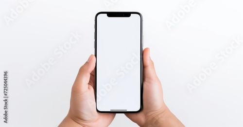 Hand holding smartphone with blank screen in minimalist setting  highlighting connectivity and technology