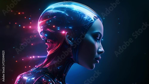 Side profile of a female cyborg with a transparent cranium revealing a lit glowing neural network. Futuristic artificial intelligence concept photo