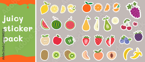 Sticker pack fruit berries in flat design. Fruit flat minimal illustration composition. Set of fruit icons in simple style. Vector illustration.
