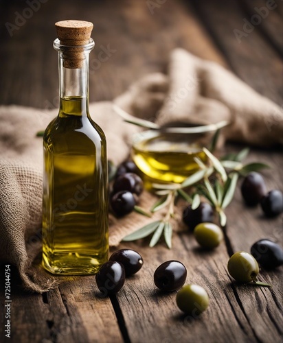 a bottle of olive oil and olives, on an old wooden table 