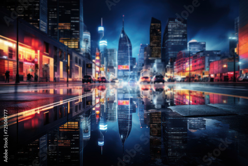 A blurred cityscape at night with colorful lights, creating a sophisticated and urban backdrop for text related to city life and nightlife. Generative Ai. © Sebastian
