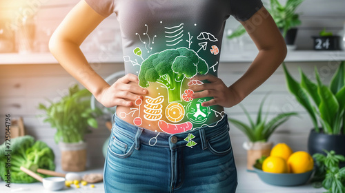 Healthy Eating Concept with Illustrated Veggies on Woman's Stomach