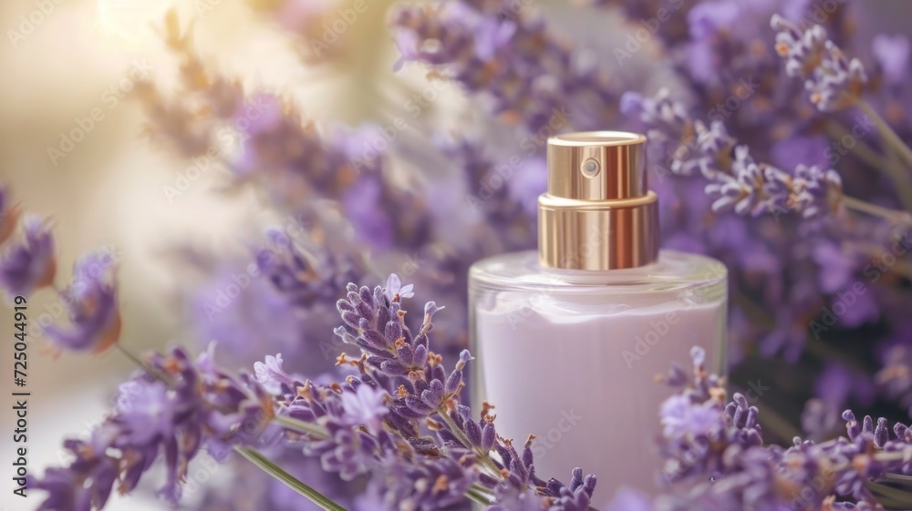 Beauty products infused with lavender and fresh sprigs on marble. Beauty products infused with lavender and fresh sprigs on marble.