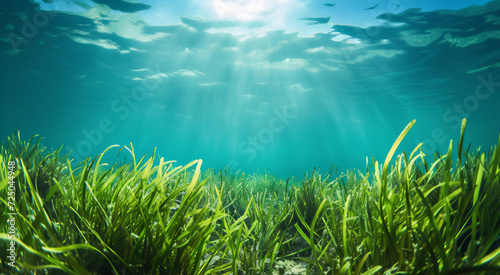 Seagrass, marine plants, view of green oceanic vegetation moving softly under sea, suns rays coming through. Coastal resilience of seagrass meadows, ecosystems. Biodiversity, seafloor. Sand. © Caphira Lescante