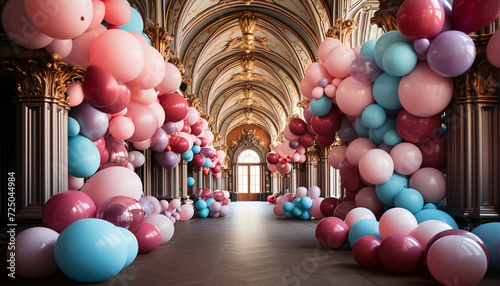 Indoor celebration colorful balloons adorn modern architecture, creating joyful fun generated by AI