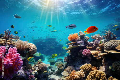An underwater coral reef scene with tropical fish  creating a colorful and dynamic background for text associated with marine life and conservation. Generative Ai.