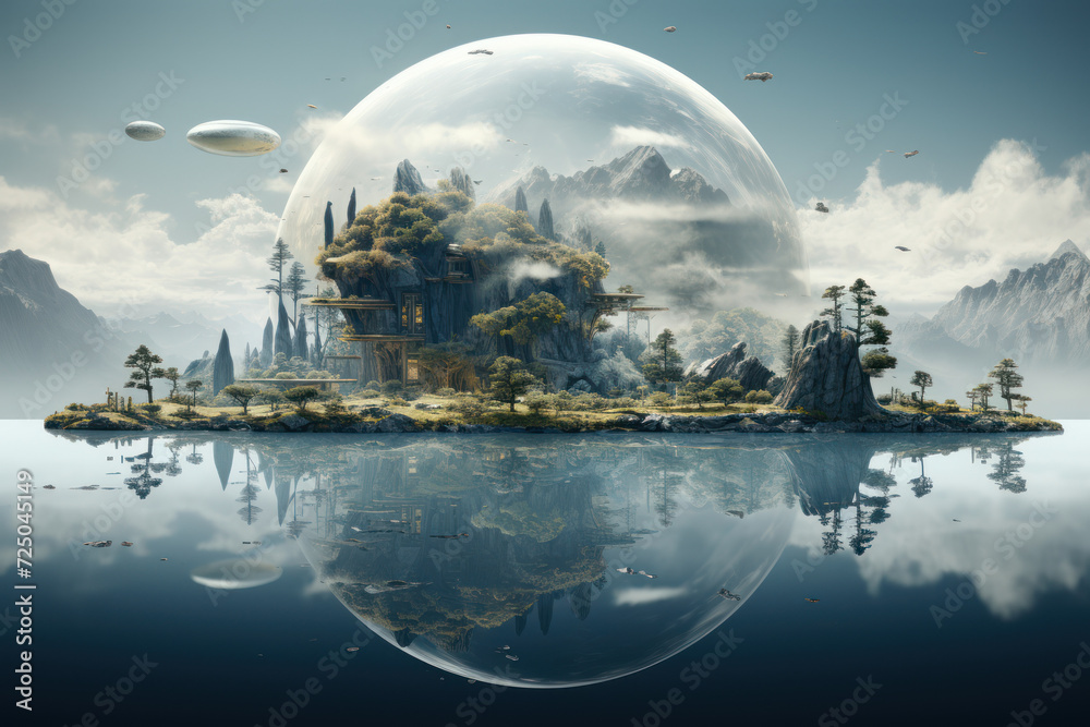 A surreal, abstract landscape with floating islands and dreamlike elements, creating an imaginative background for creative and artistic text. Generative Ai.