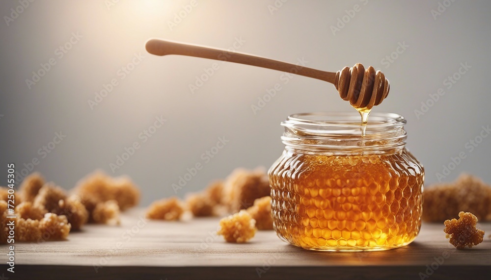 a jar of strained honey and honeycomb decor
a jar of strained honey and honeycomb decor