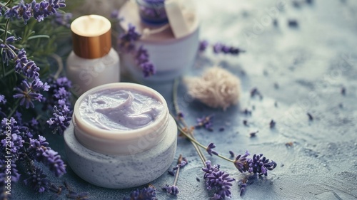 Beauty products infused with lavender and fresh sprigs on marble.