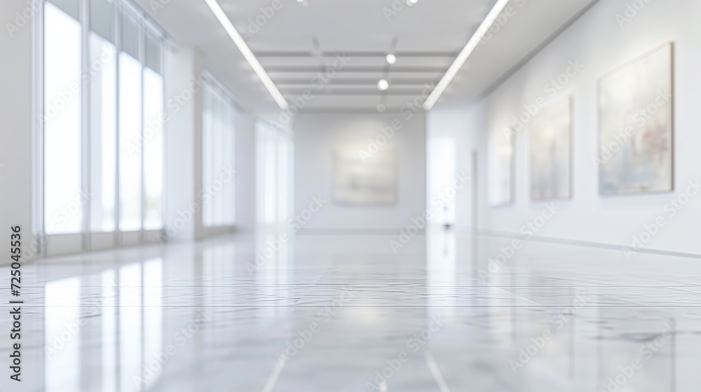 A Spacious Gallery Bathed in Natural Light and Reflective Surfaces, An Empty Art Gallery Displaying Framed Artworks in Bright, Reflective Ambiance