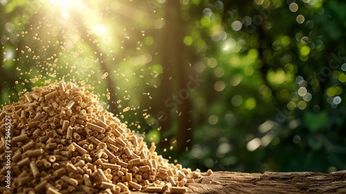 Biomass wood pellets and woodpile on blurred defocused background with space for text placement photo
