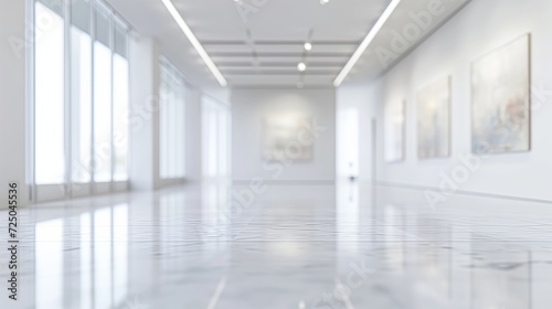 A Spacious Gallery Bathed in Natural Light and Reflective Surfaces, An Empty Art Gallery Displaying Framed Artworks in Bright, Reflective Ambiance