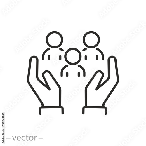 community care icon, help or support employee, gender equality, inclusion social equity, age and culture diversity, people group save, thin line web symbol - vector illustration photo