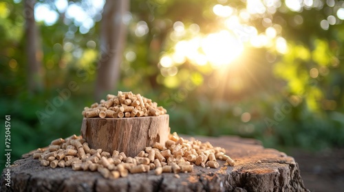 Bioenergy concept  pile of biomass wood pellets with woodpile on blurred background, copy space
