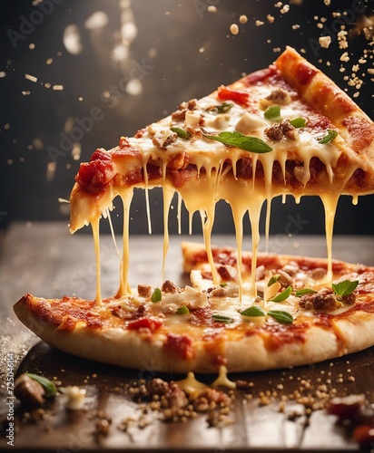 a piece of pizza slice, exploding ingredients and melting cheese 