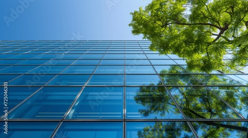 Sustainable green building. Eco-friendly building. Sustainable glass office building with tree for reducing carbon dioxide. Office with green environment. Corporate building reduce CO2. Safety glass.