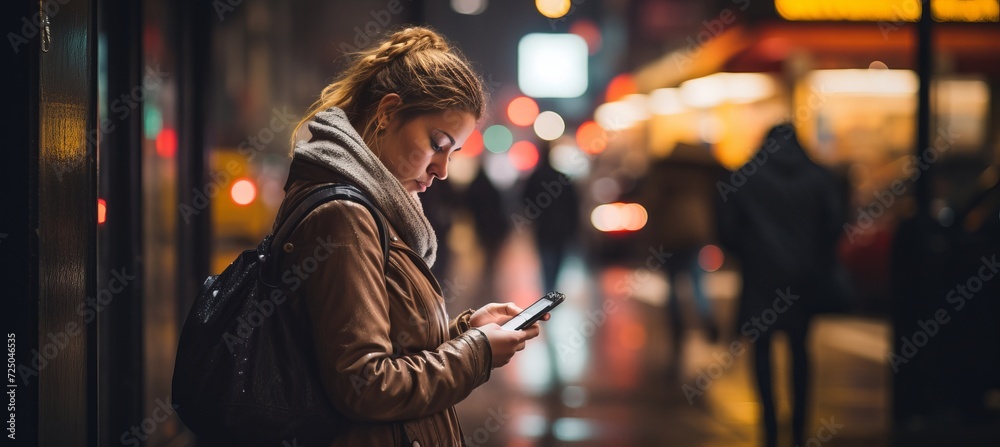 City lights  woman using mobile app in vibrant night scene with blurred background and copy space