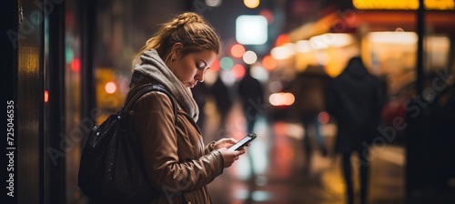 City lights woman using mobile app in vibrant night scene with blurred background and copy space