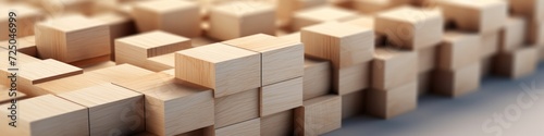 Panorama of wooden blocks in random  abstract pattern with varying grains and wood types