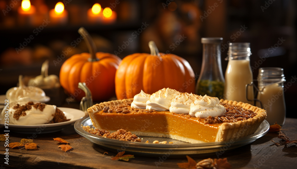 Autumn celebration, pumpkin pie, candle, rustic table generated by AI