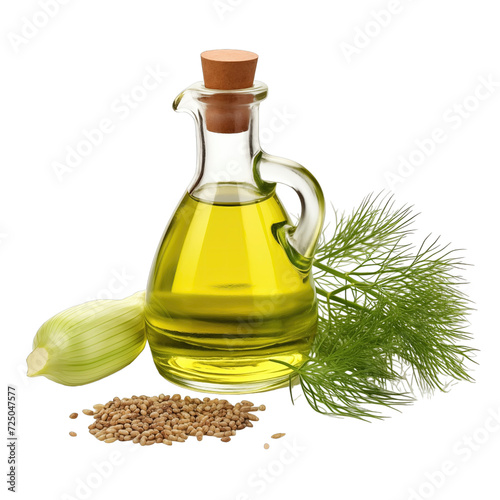 fresh raw organic sweet fennel oil in glass bowl png isolated on white background with clipping path. natural organic dripping serum herbal medicine rich of vitamins concept. selective focus