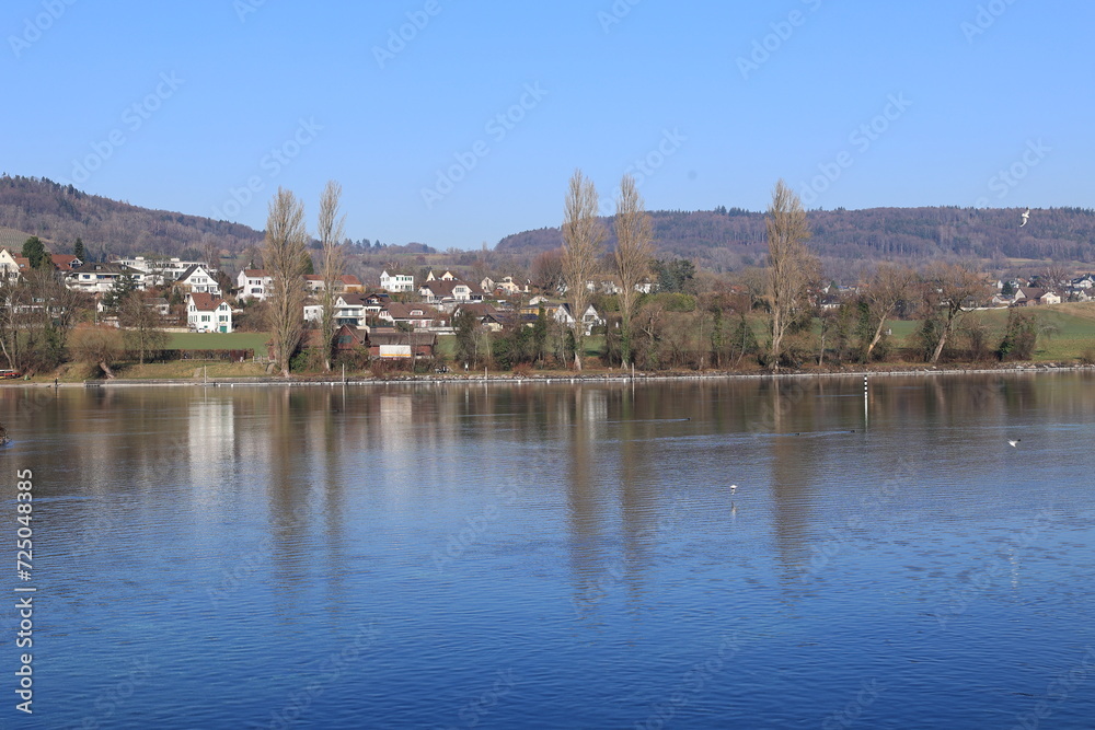 Blick von der Insel Werd auf die Stadt Stein am Rhein in der Schweiz
