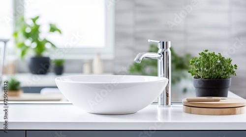 Minimalist bathroom with white square vessel sink and chrome faucet in modern interior design