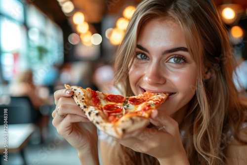 Young girl eating a slice of pizza in a restaurant