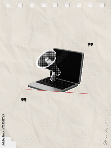 Trendy Halftone Collage Laptop with Megaphone. Social media promotions and marketing. Torn piece of note paper. Online news announcing. Doodle elements on retro poster. Contemporary vector art