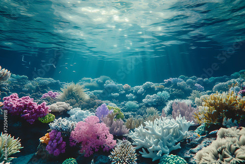 Global warming manifesting as a coral reef bleaching event  showcasing vibrant coral turning pale and lifeless  underwater environment with fading colors