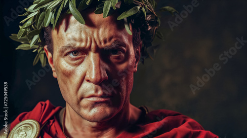Julius Caesar, portrait of stern man embodying Roman emperor with laurel wreath in dramatic lighting on a dark background. photo