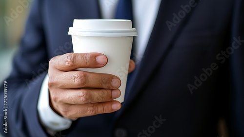 Close up of businessman s hand holding an empty coffee to go paper cup, perfect for branding mockup.