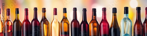 Wine industry, banner, eclectic row of wine bottles of all shapes and colours forming this repeating pattern with bright blurred 