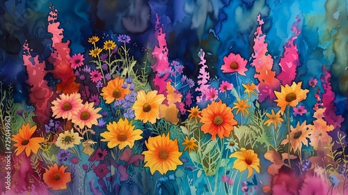 field flowers blue sky background dawn chaotic thick layers rhythms fairy garden helianthus beds shadows gardens pink color