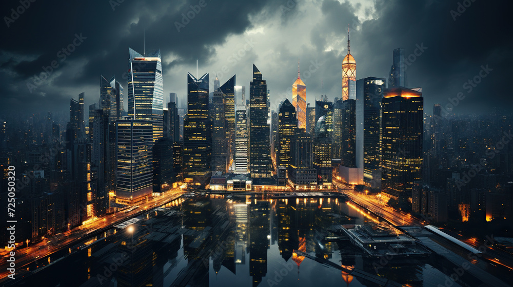 Fototapeta premium Panorama of the evening city with reflection in the river. Generated by artificial intelligence