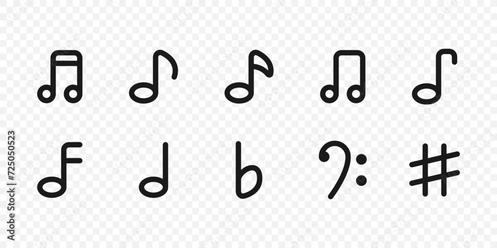 Music notes icons set. Musical key signs. Vector symbols isolated on transparent background Music notes icons set. Musical key signs. Vector symbols isolated on transparent background